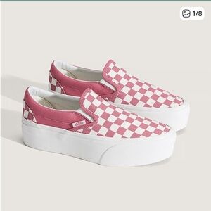 Vans Women Pink and White Checkerboard Platform Slip-On Sneakers